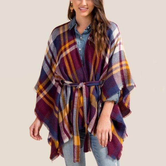 Francesca's Collections Sweaters - NWT Francesca's Melanie Plaid Ruana Poncho One Size Maroon/Multicolor